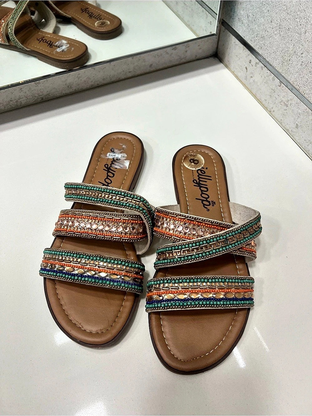 Jellypop Embellished Flat Sandals in Brown & Green
